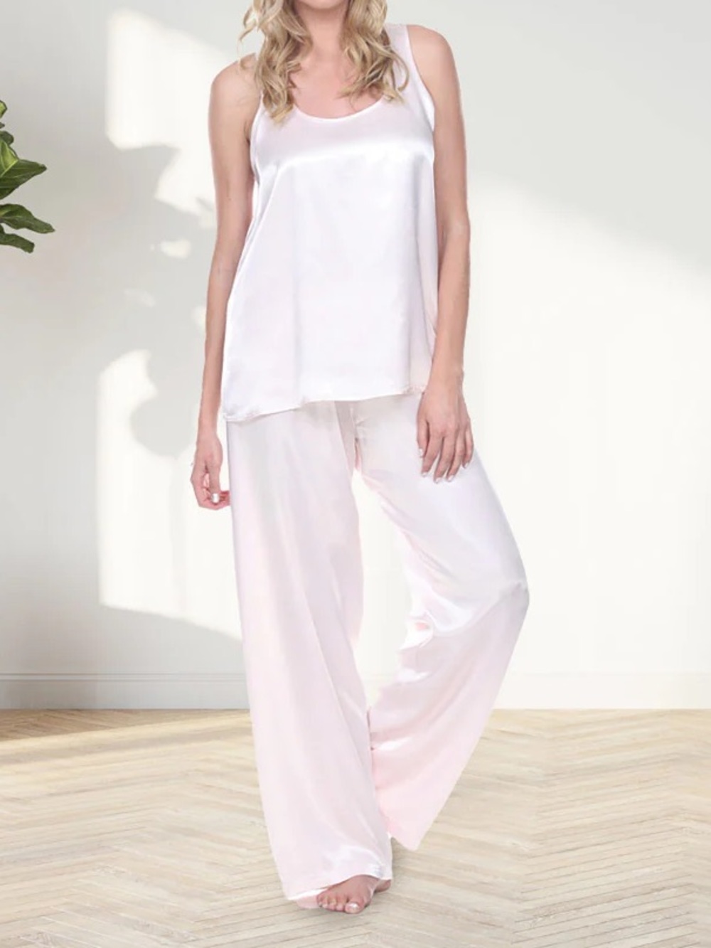 PJ Harlow Jolie Pants Laura Top Pale Pink Satin Pajama Set Tank Top